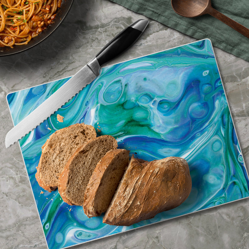 Ocean Vibe Blue and Green Tempered Glass Cutting Board 10" x 8"