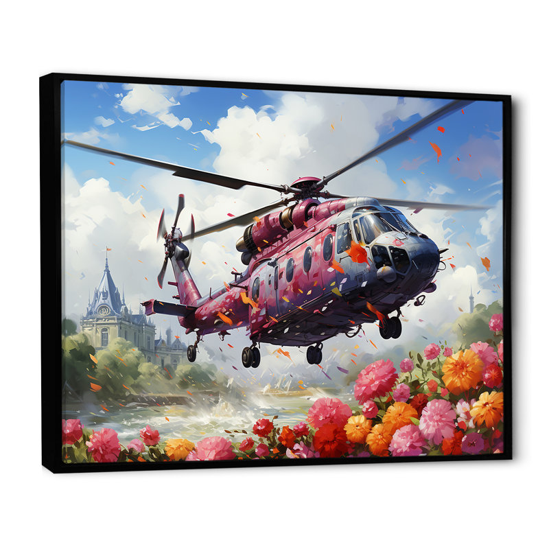 Hélicoptère, Sprintime, fleurs, horizon, H 30 po x l 40 po x P 1,5 po, Cadre flottant noir