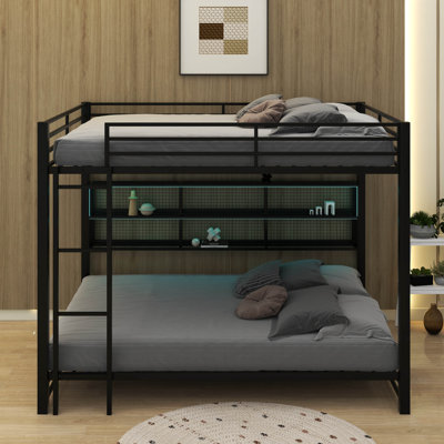 Metal Queen Over Queen Bunk Bed With Storage Cabinets And LED