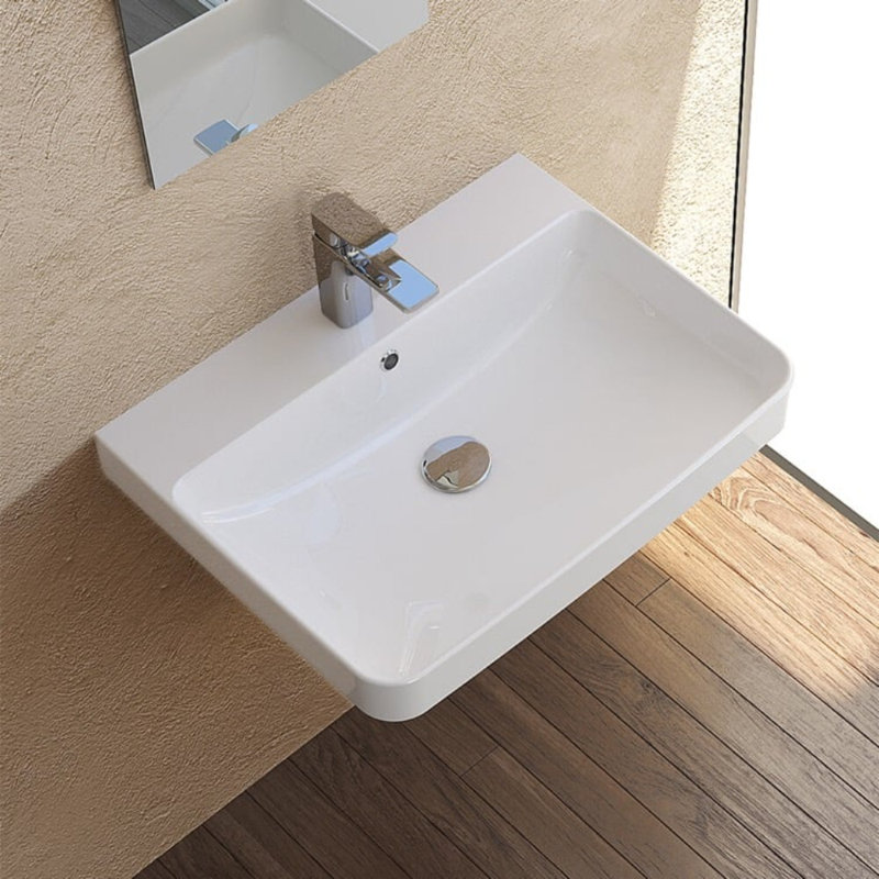 Noura White Ceramic Rectangular Wall-Mount Bathroom Sink