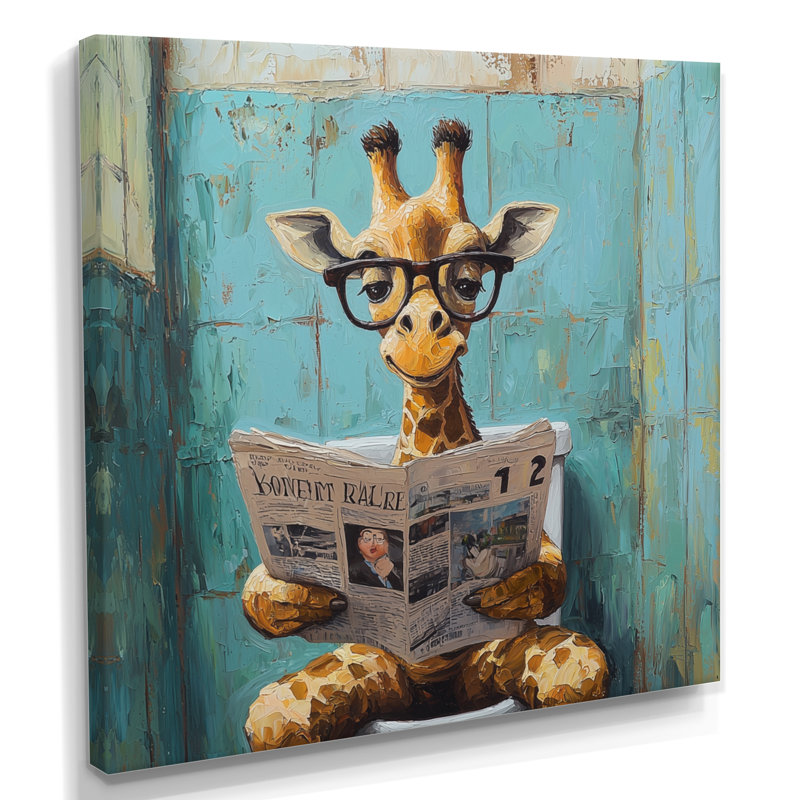 Kenaniah girafe lisant les nouvelles dans la salle de bain - art mural girafe, Toile tendue, Ne s’applique pas
