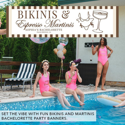 Bannière de Bachelorette sur mesure, Bikini et espresso Martinis, brun, fond de piscine, décor personnalisé
