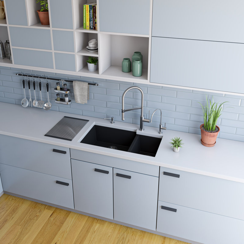 33.88'' L Double Bowl Granite Kitchen Sink, Black