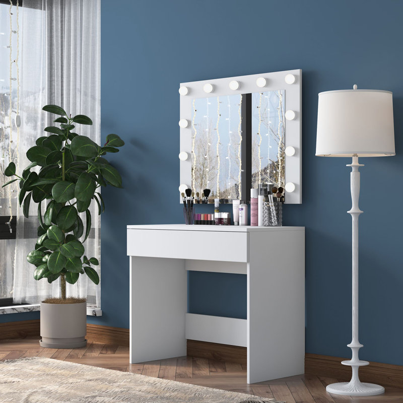 Elegant Make-Up Table with Mirror, White, 35.4 x 30.2 x 17.7 inches | 100% Melamine Coated E1 Quality Chipboard, Thickness: 0.7 inches | 11 Bulbs Included for Perfect Lighting | Modern Design for Beauty & Vanity Spaces