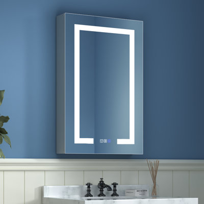 LED Recessed or Surface Frameless 1 Door Medicine Cabinet with Mirror and Adjustable Shelves, USB, Outlet, Dimmable, Defogger