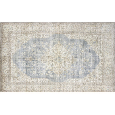 Tapis unique en laine noué à la main de style années 1960 de 7 pi 4 po x 12 pi 1 po bleu foncé / beige