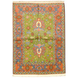 Hand Knotted Wool Area Rug in Green And Rust