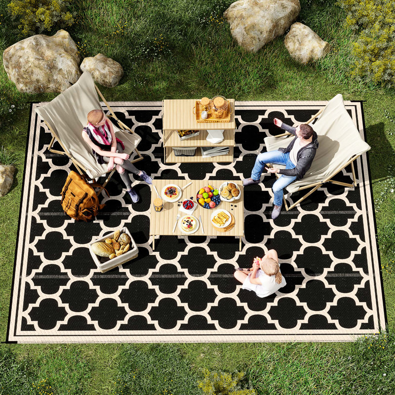 Portable Picnic Rug Mat, 9' X 12', Waterproof Outdoor Camping Carpet With Carry Bag, For Backyard, Deck, Beach, Black And Beige Patio Carpet, Picnic,