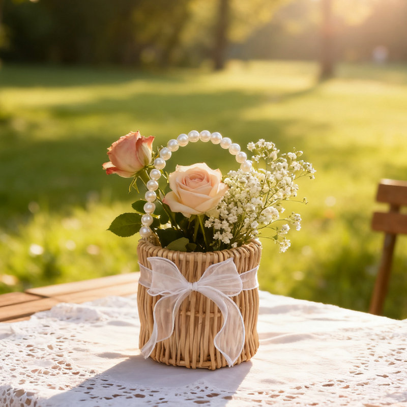 Panier de mariage en rotin tissé à la main avec perle et ruban 1pc - Panier de rangement décoratif rond Boho pour demoiselle d'honneur