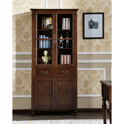 Traditional Dark Wood Tall Bookcase with Glass & Solid Doors