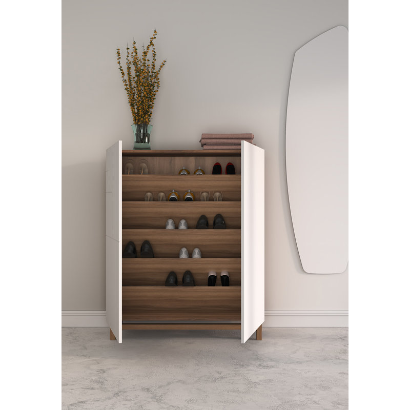 18 Pair Shoe Storage Cabinet, White/Noyer