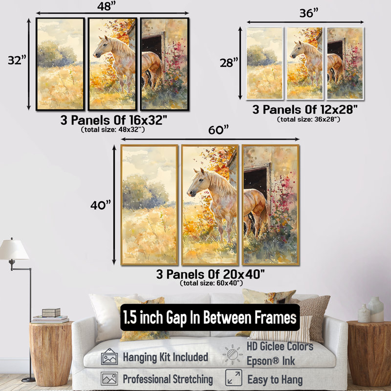 Portrait floral de cheval à la grange - art mural cheval - ensemble de 3, H 28 po x l 36 po, Noir