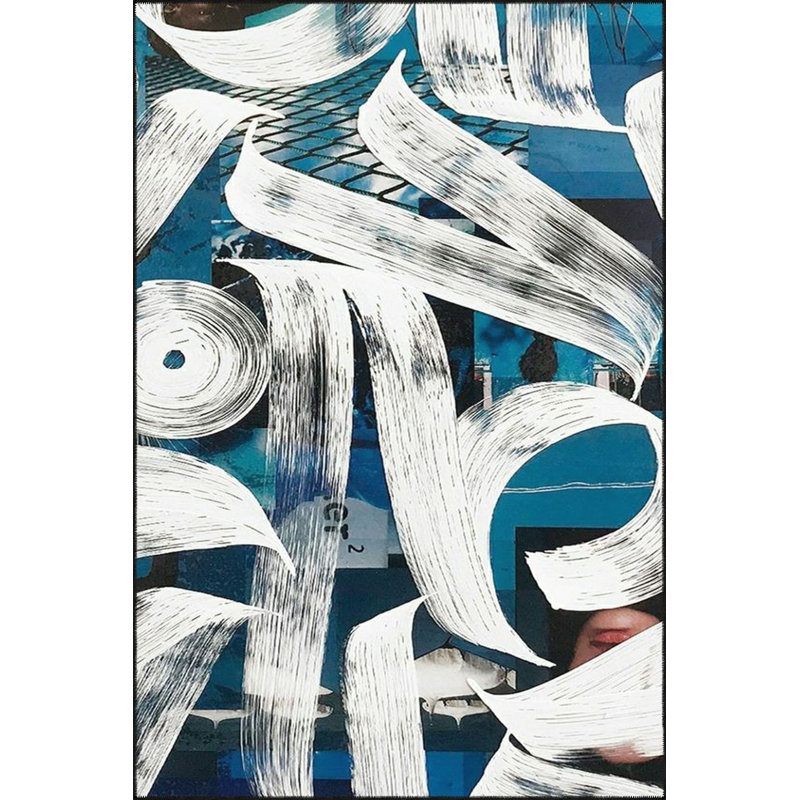 Tapis décoratif moderne bleu et crème lavable à la machine, Carré 3 pi 3 po