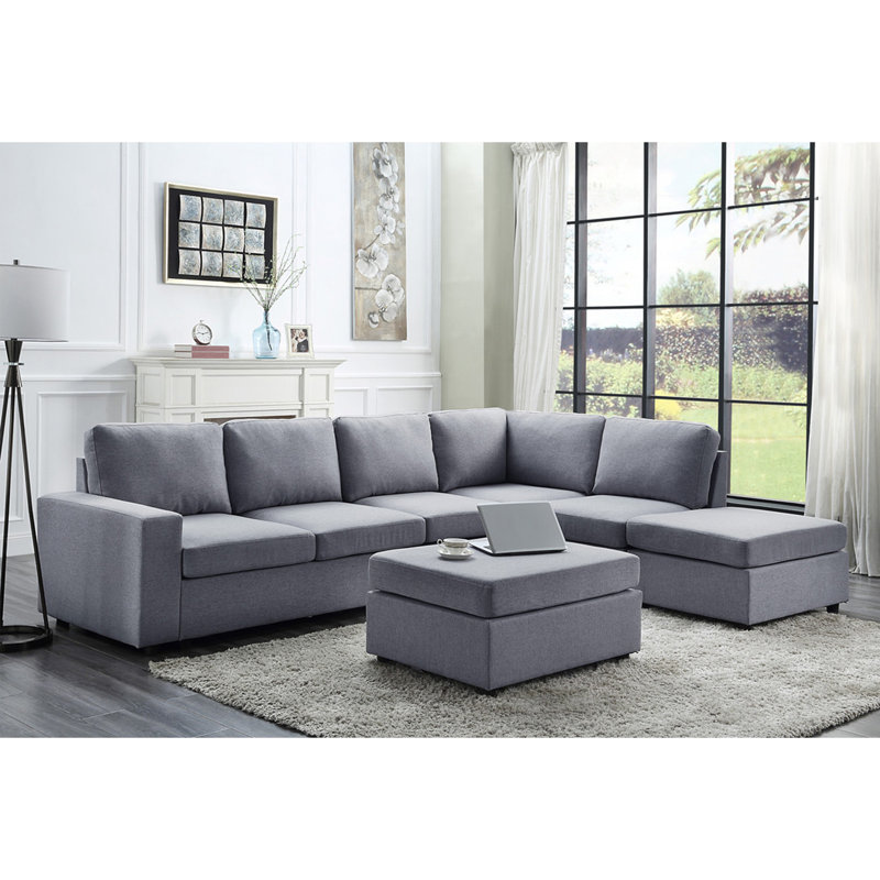 Canapé modulaire réversible 120 po en lin gris clair 7 places avec repose-pieds, Gris clair