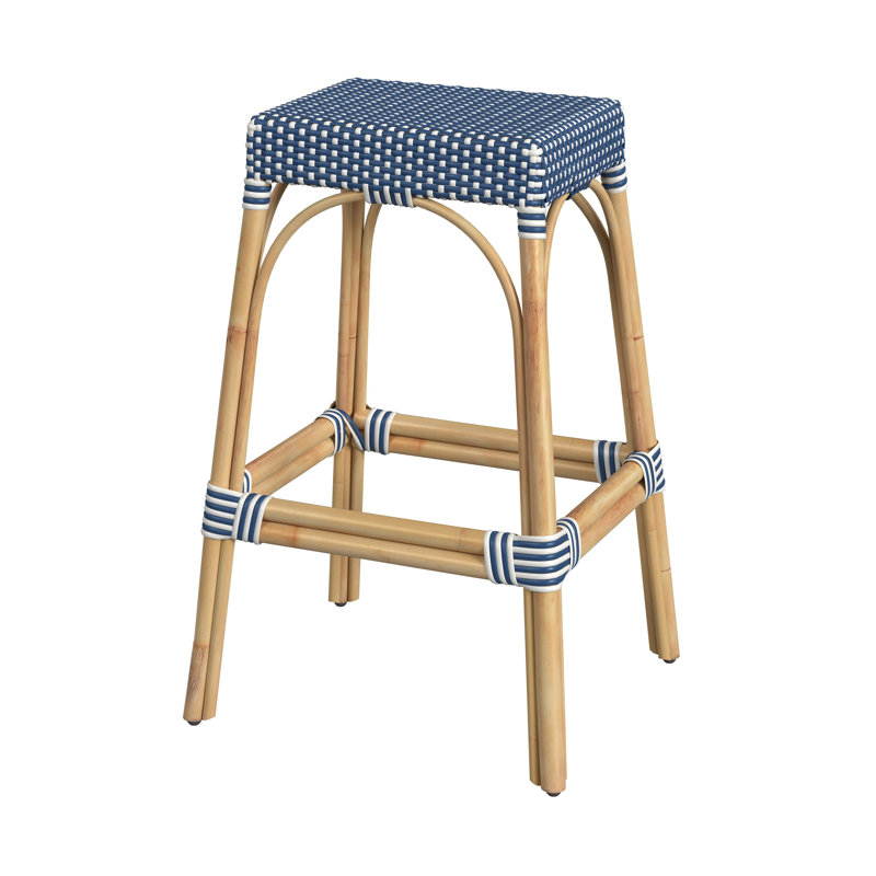 Robias Rattan Bar & Counter Stool, Baby Blue/ Natural Rattan Frame, Bar Stool (30" Seat Height)