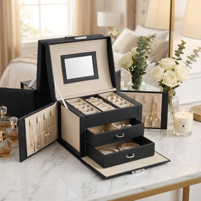 3-Tier Jewellery Box, Travel Jewellery Case With Handle, 2 Drawers, Lockable Jewellery Organizer With Mirror, Jewellery Storage, Modern Style, Gift For Loved Ones