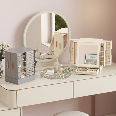 Boîte à bijoux avec miroir pivotant à 360 °, grand angle réglable, étui de rangement pour bijoux avec 6 tiroirs, conception ouverte, organisateur de bijoux pour collier de boucles d'oreilles, grand cadeau