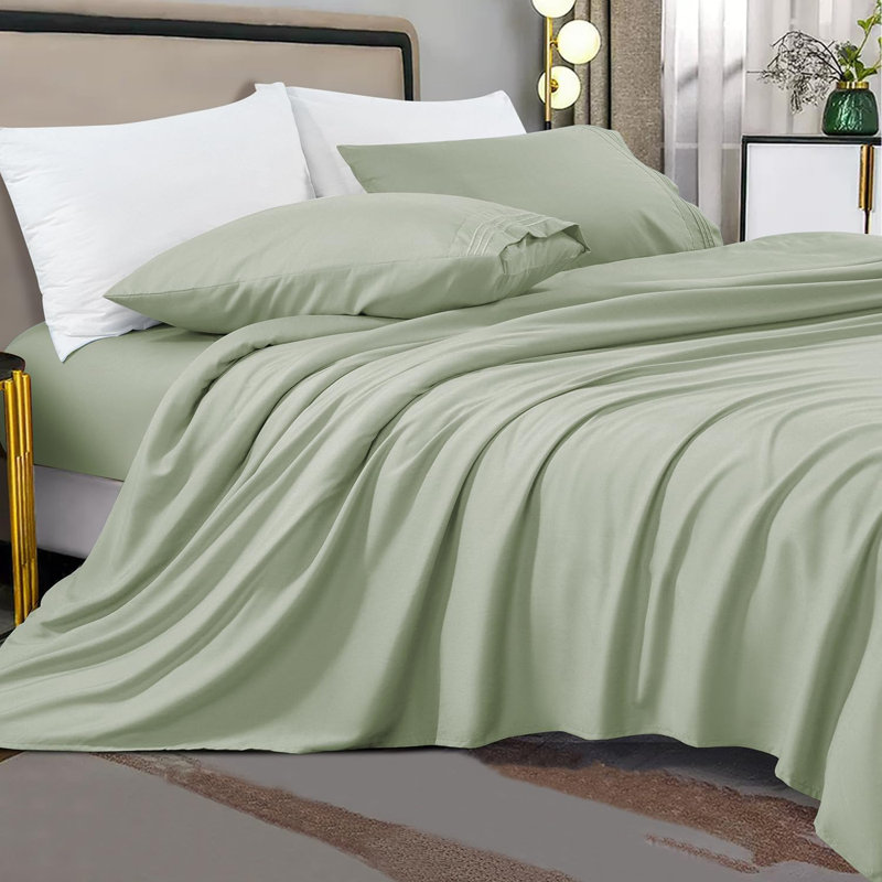 6 Pieces Bamboo Cooling Bed Sheets Set - 16" Deep Pockets, King Sheet Set + 1 Fitted Sheet + 4 Pillowcases, Sage Green