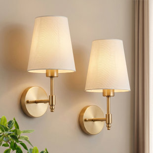 Applique murale dorée avec abat-jour en tissu blanc et ampoules DEL Luminaire mural rétro câblé à intensité variable pour chambre à coucher (Ensemble de 2)
