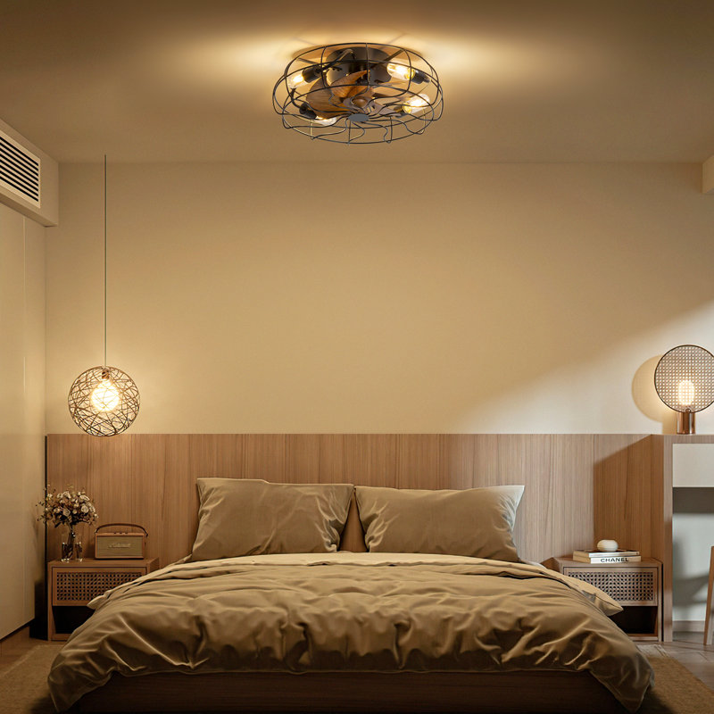 Ventilateur de plafond à fixation éclair 18,5 pouces avec lumière et télécommande, moteur à courant continu silencieux, 4 prises E26 pour chambre à coucher, salon, porche