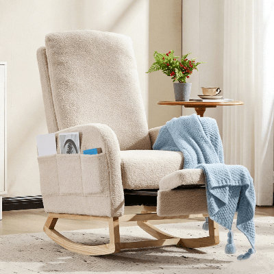 Solid Wood Rocking Chair With High Back & Side Pocket And Footrest, Teddy Upholstered, Nursery Glider For Living Room, Bedroom, Beige by Corrigan Studio