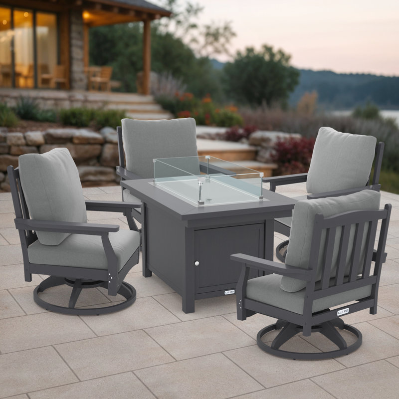 Cortina 25"(H) x 45"(W) Rectangle Fire Pit Table with Aspen Rock-Swivel Chair, (5-Piece), Gray/Gray, Gray