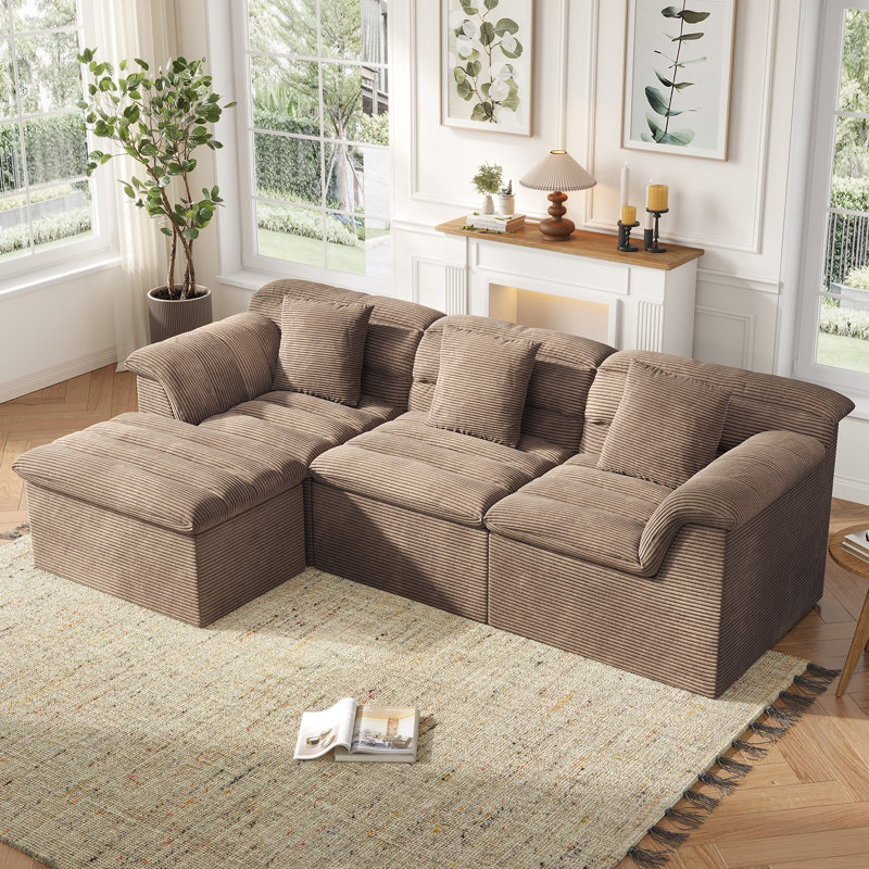 112" Cloud Modular Sectional Sofa, L-Shaped Corduroy Couches with Deep Seating, Camel, Camel