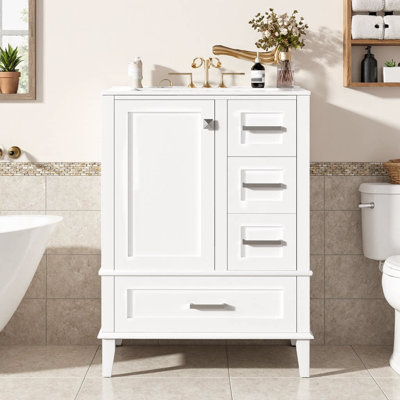 Meuble-lavabo moderne de 24,8 po avec lavabo en céramique - Porte à fermeture en douceur, tiroir profond, tiroir peu profond et tiroir large, structure en bois massif, armoire de rangement compacte autoportante pour les petites salles de bain