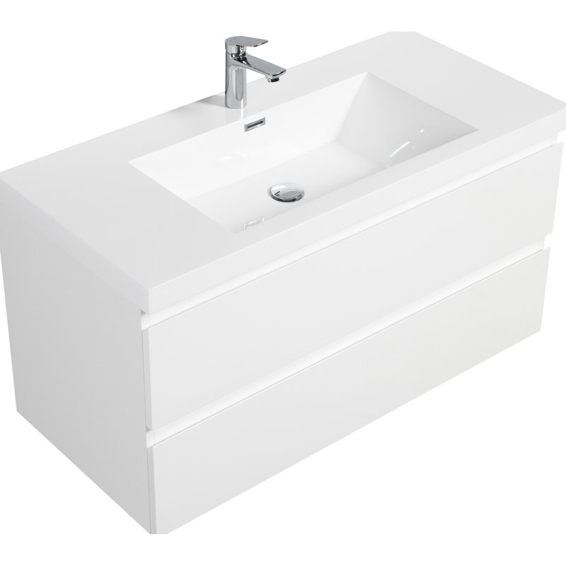 Meuble-lavabo flottant de 42 po avec lavabo. Moderne. Lavabo en résine. 2 tiroirs à fermeture en douceur. Lavabo blanc brillant. Armoire. Mobilier de comptoir