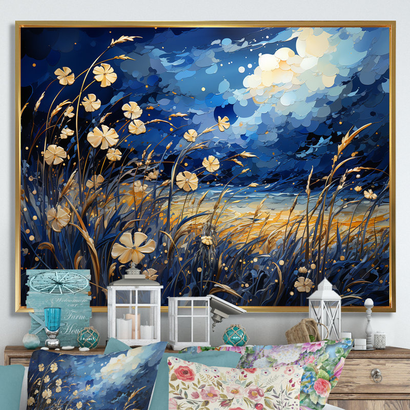 Coquelicots bleu marine - prairie, art mural, H 34 po x l 44 po x P 1,5 po, Cadre flottant doré