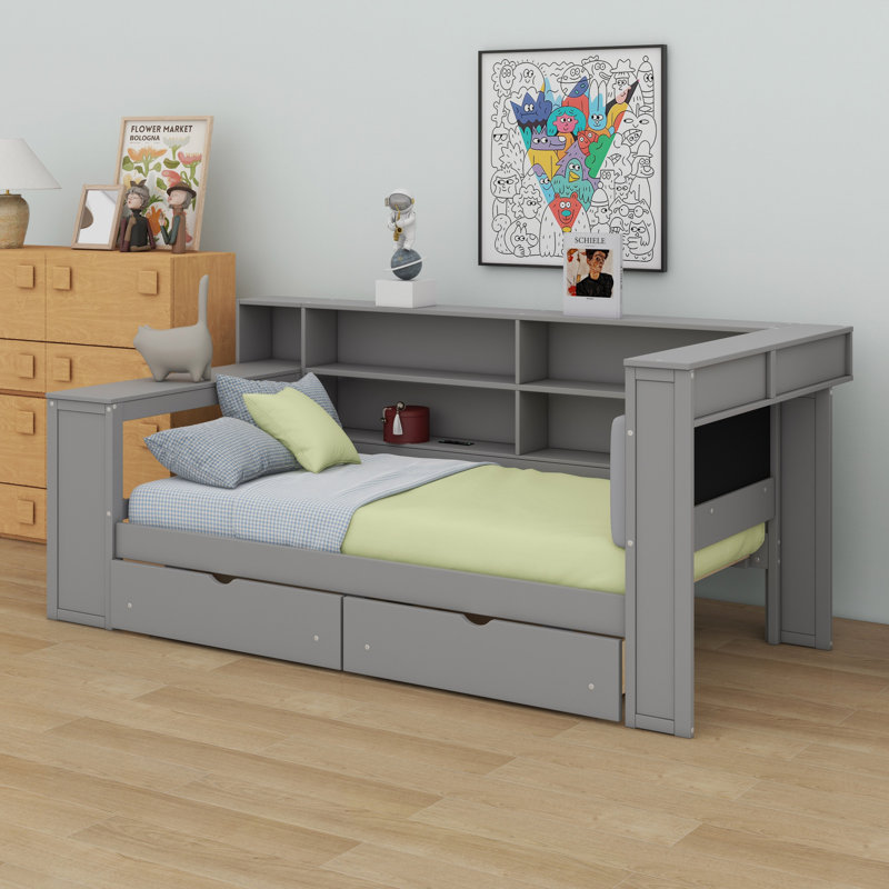 Lit plateforme en bois avec tablettes de rangement, tiroirs, station de charge, DEL, bureau et tête de lit tapissier, Gris