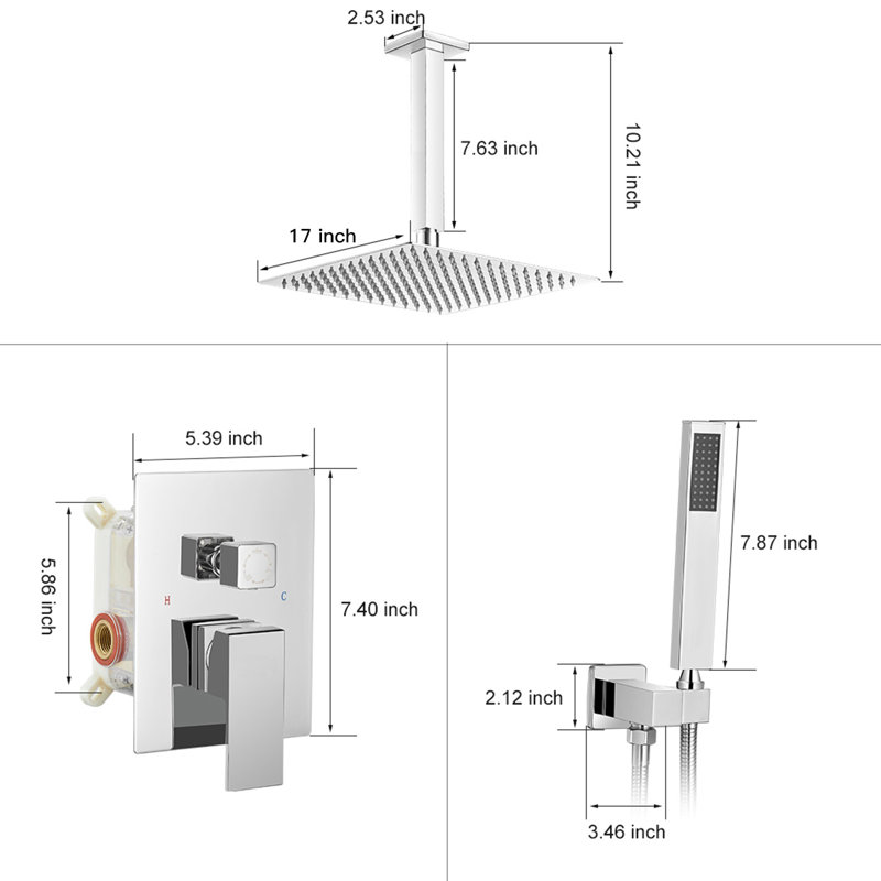 Single-Handle 2-Spray Square High Pressure Shower Faucet With 16" Ceiling Shower Head In Black(Valve Included)