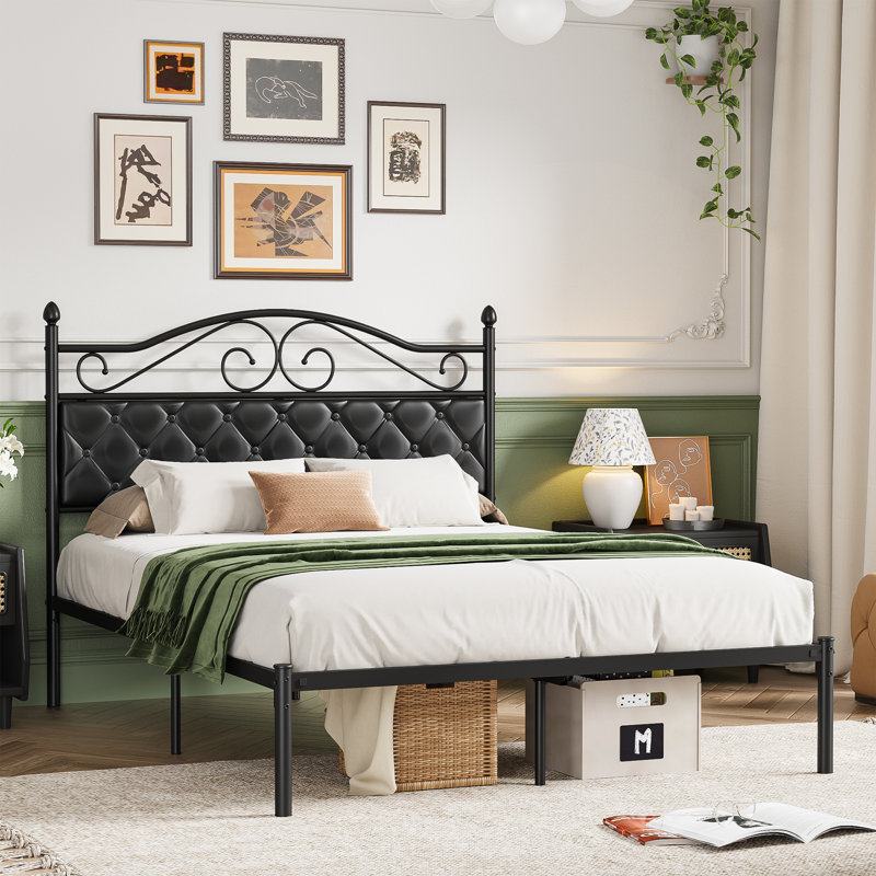 Vintage Metal Platform Bed With Premium Leather Headboard, King