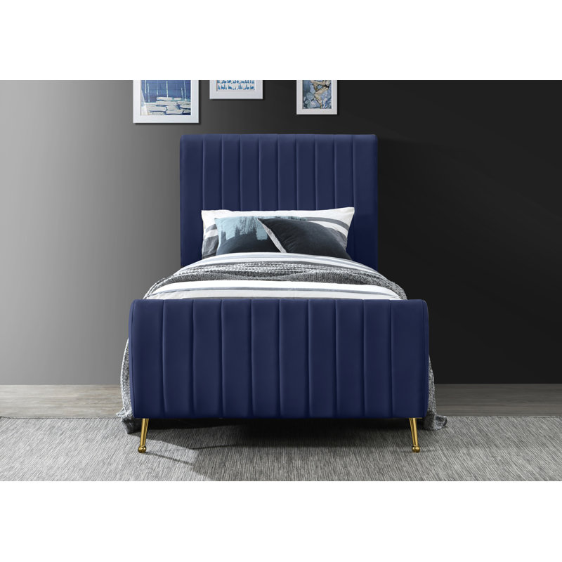 Lit plateforme tapissier à profil bas Zara, Velours marine, Simple