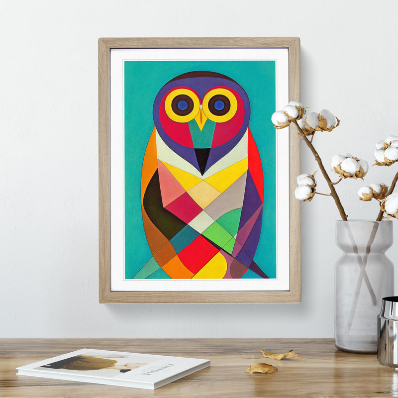 Colourful Abstract Owl No.5 - Single Picture Frame Print, 64cm H x 46cm W x 2cm D, Oak