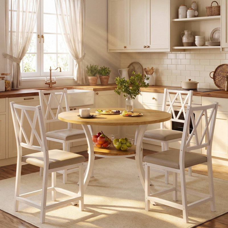 Ensemble de table de salle à manger extensible 5 pièces 35,4 po, Naturel, Gris, Blanc