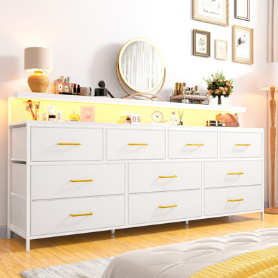 55" Wide 10 Drawers Dresser For Bedroom With 2-Tier Open Shelves, Long Dresser With Led Light And Power Outlets