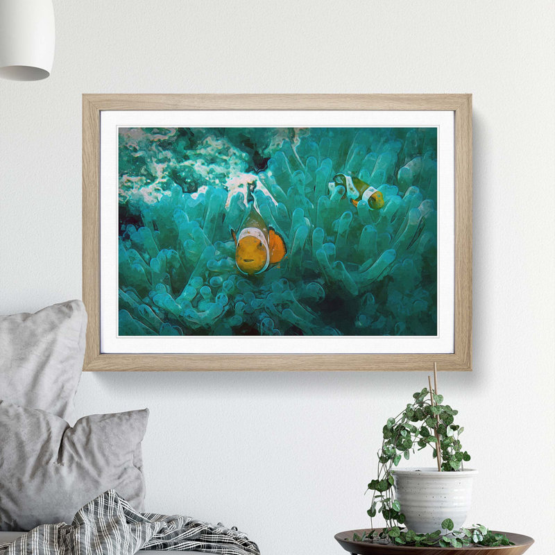 Clownfish and Sea Anemone in Abstract - Picture Frame Graphic Art Print, Oak Framed, 48cm H x 65cm W x 2cm D