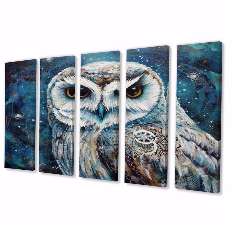 Portrait d'un hibou blanc tribal magique IV - salon d'art mural hiboux animaux - 5 panneaux égaux