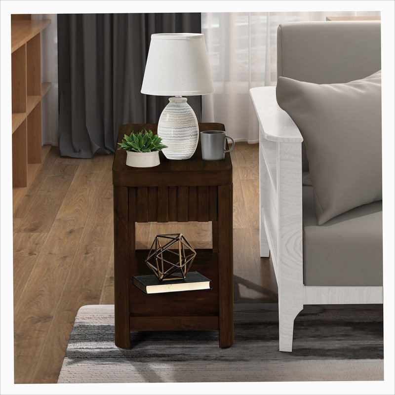 Rectangular End Table with Storage Shelf and Wood Legs, Dark Brown