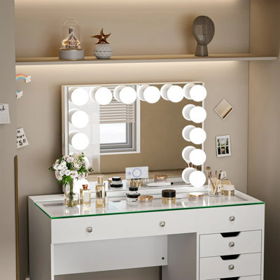 Miroir de salle de bain avec 14 grandes ampoules et organisateur de bijoux