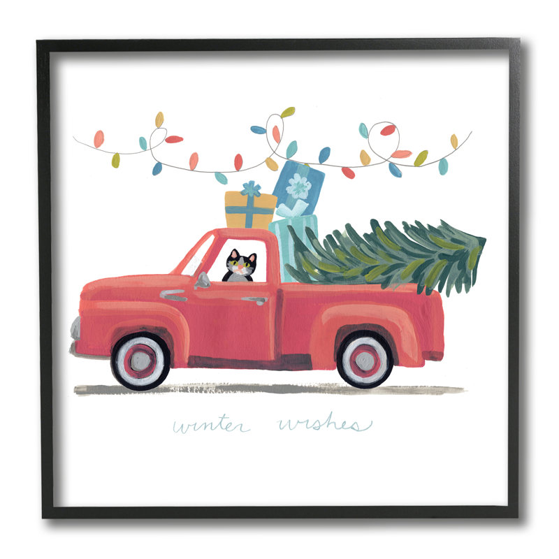 Chat, Noël, camion rouge, hiver, souhaits, Giclée encadrée noir minuit, H 12 po x l 12 po x P 1,5 po