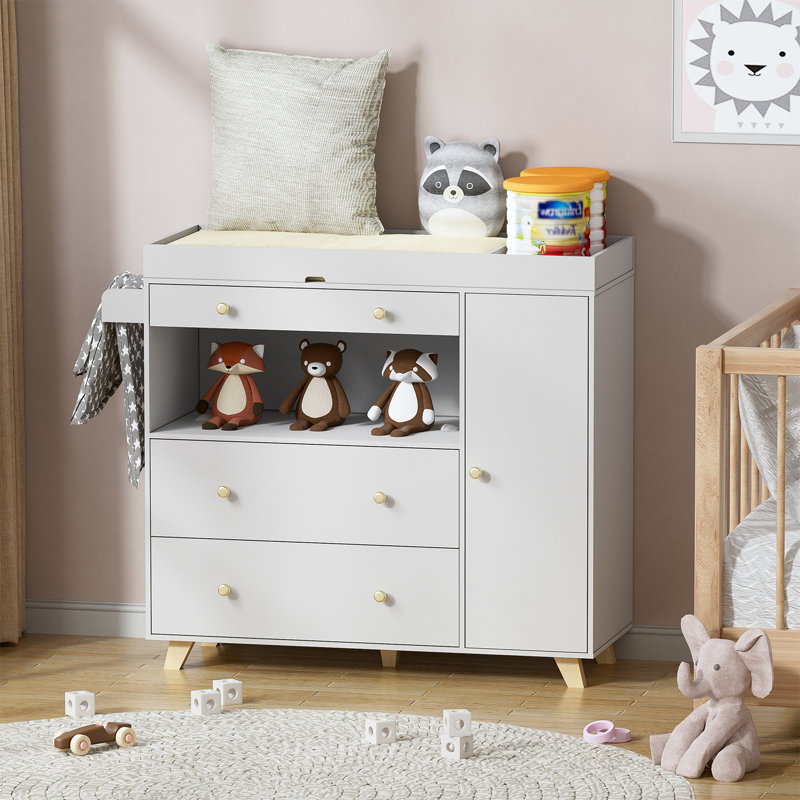 Commode pour chambre de bébé avec table à langer, commode à langer moderne, commode pour chambre de bébé avec 2 tiroirs et tablettes, lit de bébé avec table à langer
