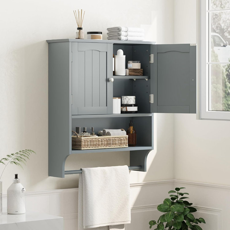 Grey Bathroom Cabinet Wall Mounted With Towels Bar, Bathroom Medicine Cabinet With 2 Door Adjustable Shelves, Over Toilet Cabinet For Bathroom Laundry Room Kitchen