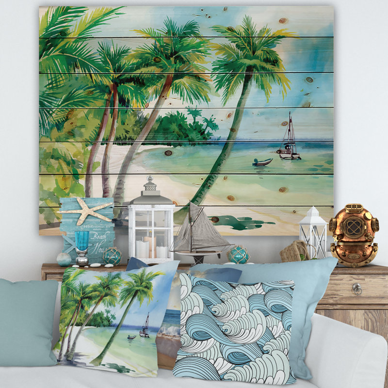 Plage d'été avec palmiers - Impression nautique et côtière sur bois de pin naturel, H 15 po x l 30 po x P 0,78 po