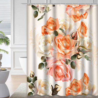 Rideau de douche imperméable à motif floral rose avec 12 crochets