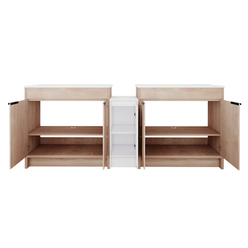 Meuble-lavabo autoportant avec lavabo en céramique et armoires de rangement, Blanc brillant / chêne clair clair