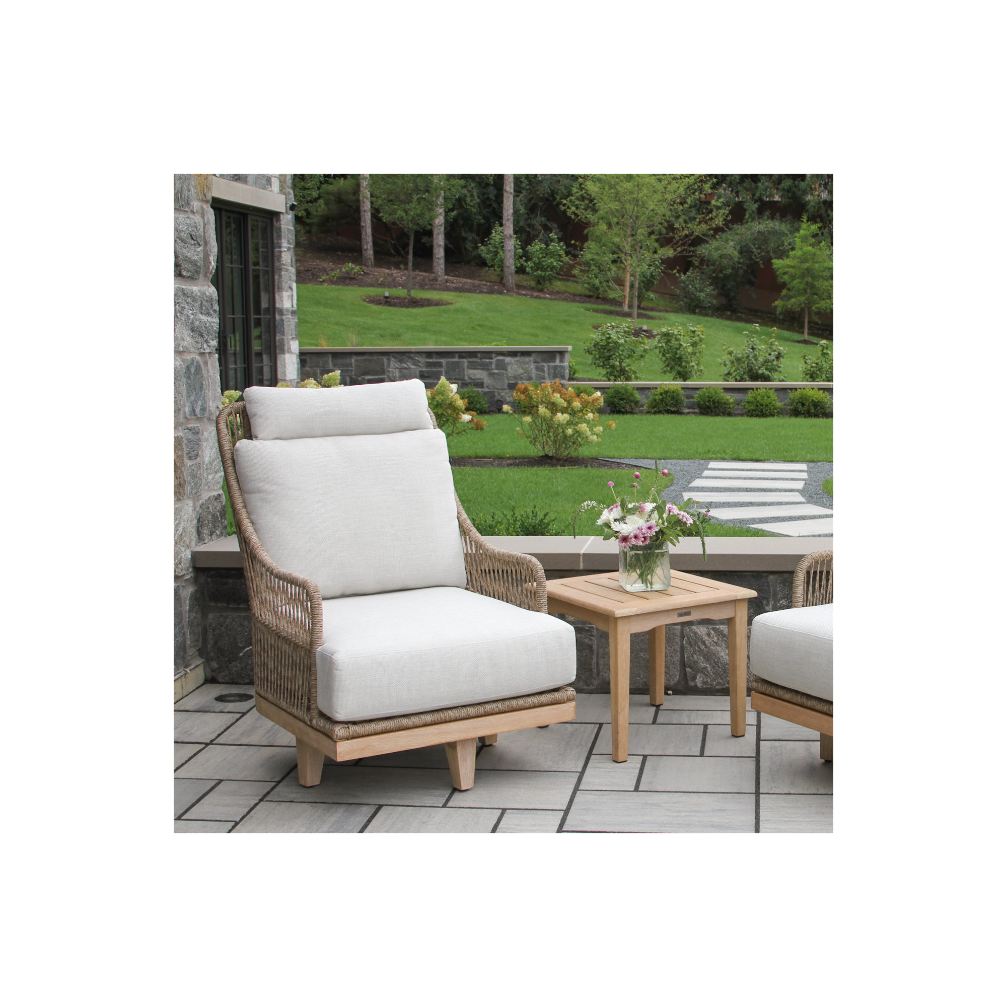 Posey Swivel Chair w Olefin Fabric, Cream Cushion / Brown/Natural Wood Frame