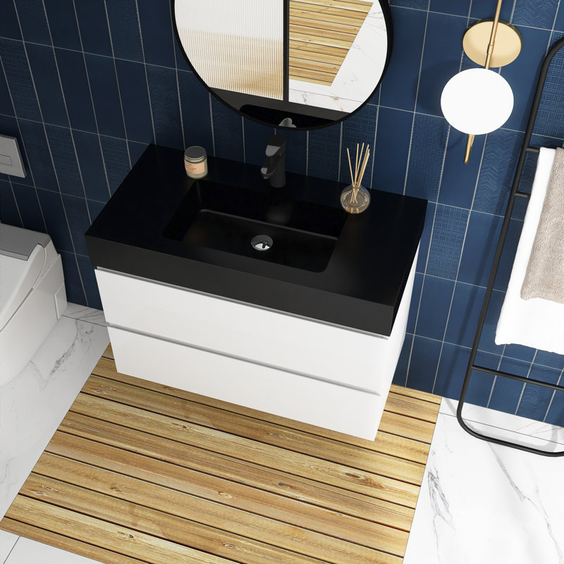 36'' Single Bathroom Vanity with Solid Surface Top, Black, White