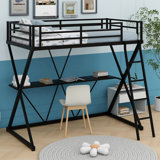 Loft Bed With Twin-Size Mattress, Integrated Desk, Ladder, And Full-Length Safety Guardrails, Featuring An X-Shaped Frame In Black